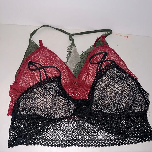 NWOT VICTORIA SECRET lace eyelet bralette set of three M - Black, Red, and Green - Picture 1 of 6